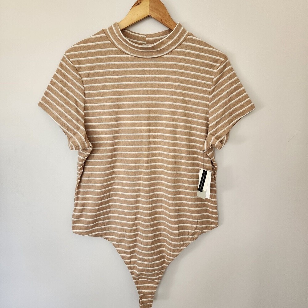 Bp Nordstrom Mock Neck  Bodysuit 2X NWT Beige-White Dylan Stripe NWT